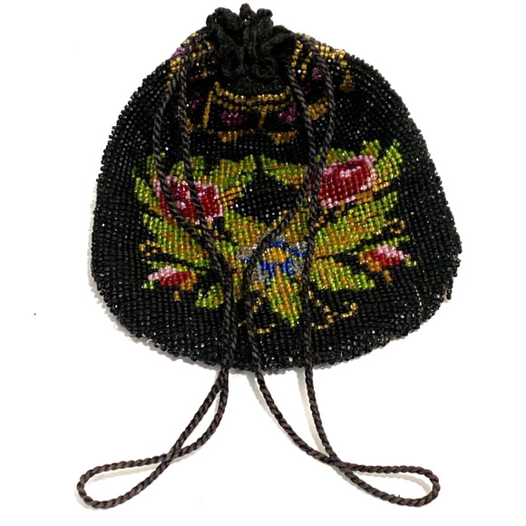 Vintage beaded pouch purse black & pink flowers crochet drawstring beggars bag - Picture 5 of 12